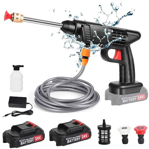 Nettoyeur Haute Pression sur Batterie 240 L/h, Sans Fil 6000mAh Portable, Chargeur et Tuyau de 5M pour Nettoyage et Arrosage (2 Batteries)