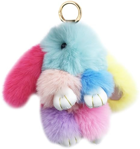 Xsclpomddy Plüsch-Häschen-Schlüsselanhänger Der Regenbogen Pom Poms Taschenanhänger Handtasche Autoschlüssel Plüsch-Pom Pom Dekoration