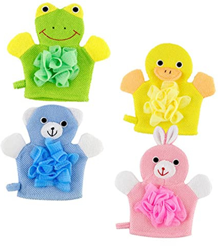Générique 4pièces Gants De Bain Pour Garçon Fille De Gommage Cartoon Serviette De Bain Douce Et Amusante Pour Des Petits Canard Jaune Verte Lapin Rose