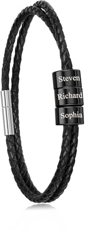 Zysta Bracciale Uomo in Cuoio con Anelli Personalizzabili Nome Bracciale a Corda Pelle Ciondolo Anello Incisione Iniziali Braccialetto Rigido Identificativo 2 Strati per Lui Ragazzo (3 Beads Nero)