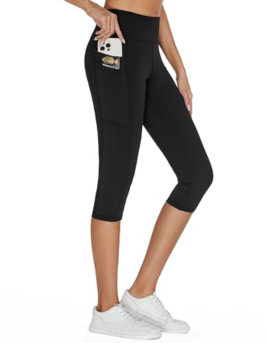 adorence Capri Leggings Kvinnor med 5 fickor, Sport Leggings Kvinnor 3/4, Opaka Yogabyxor med Hög Midja - Svart,M