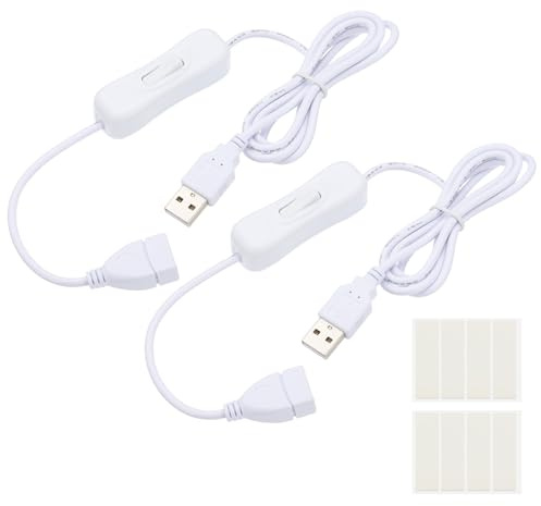 PATIKIL 1M USB Cable with ON/Off Switch, 2 Pcs USB Male to Female Extension Cord with Foam Double-sided Tape for LED Desk Lamp LED Strip, White