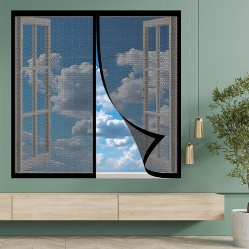 Fliegengitter Fenster Magnetband 155 x 65 cm Insektenschutz Magnet Fenster Fliegenvorhang Ohne Bohren Atmungsaktiv Selbstschließend für Windows/Wohnzimmer Fenstern, Schwarz