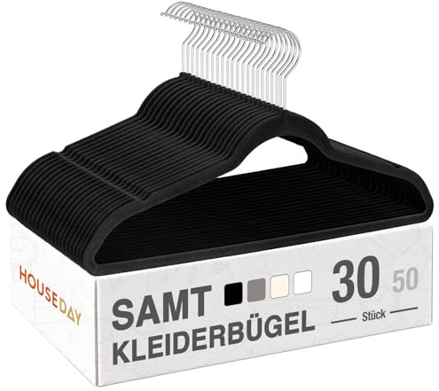 HOUSE DAY Kleiderbügel Samt 30er Set, rutschfeste Bügel, Schwarz | Kleiderbügel Platzsparend, Samtbügel Schmal mit 360° Drehbarer Haken, für Hemden, Anzüge, Mäntel, Pullover, Hosen