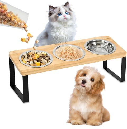 Set di 3 ciotole rialzate per gatti con supporto, inclinate a 15°, in acciaio inox, stazione di alimentazione rialzata per gatti e cani di piccola taglia, anti vomito, base in bambù, facile da pulire