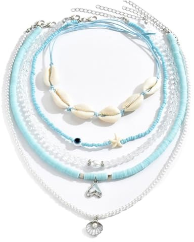 Damen Boho Muschel Halskette Mehrlagig Perlenkette Seestern Anhänger | Die Halskette kombiniert Muscheln, Perlen und Seestern-Anhänger für einen einzigartigen Strand- und Urlaubslook.