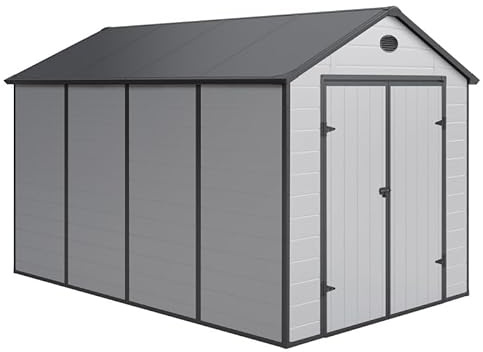 Jôbu Abri de Jardin en Résine Gris 8,90m² | Kit de Fondation Inclus | Abri à Outils Abri de Rangement Extérieur | Toiture Double Pente