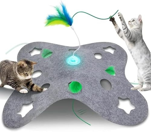 Iokheira Juguete Interactivo para Gatos, Recargable Juguete Gato Automático con Plumas, Tapete Hide-and-Seek con Agujeros, 3 Modos de Juegos para Gatos, Juguetes para Gatitos y Gato de Interior