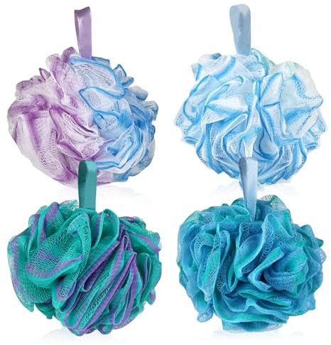 VELLUSTRA 4 Piezas Esponja de Ducha de Baño, 75g, Loofah Exfoliante de Malla Lufa para Hombres y Mujere, Limpiar y Suavizar la Pielzuih Suave Accesorio, para Exfoliar Corporal, Ducha, Lufas