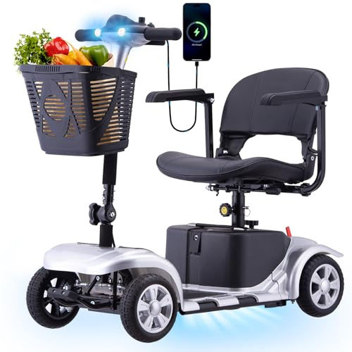 SUNDERWELL Mobility Scooters for Adults Seniors, 15 Miles Range Powered Mobility Scooters, 300lbs Capacity, 4 Wheel Foldable Electric Mobility Scooter with Detachable Battery & Easy Transport (Silver)