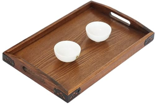 Bandeja De Servicio De Madera - Fuente De Bambú Rectangular De 750g | Bandejas De Cena Con Mango Rústico | Tablero Organizador De Té Para Desayuno De Granja, Decoración De Mesa De Café De Cocina,