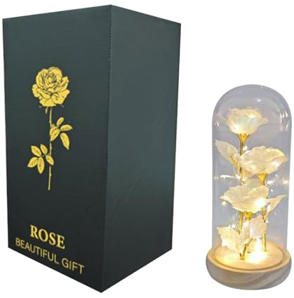 Eternal Gold Rose Gifts for Her, Infinity Light Up Rose in Shatterproof Acrylic Dome with Eco-Friendly Wood Base, Flower Lamp for Valentines Day Mothers Day Anniversary Birthday (Shimmering Gold)