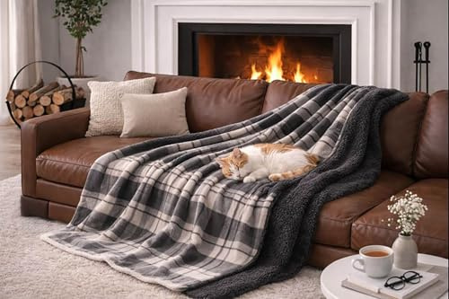KAMACA XL Wohndecke 150 x 200 cm – Premium Teddy-Fleece Kuscheldecke Karo-Design – Doppelseitige Sherpa-Qualität (480 g/m² Bonding) – Ultra Soft & Extra Warm – Anthrazit/Grau