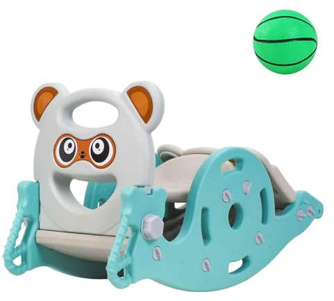 4-in-1 Kinder Wippe mit Rutsche & Basketballkorb – Multifunktions Spielzeug für Kinder 1-6 Jahre, Indoor Rutschbahn aus Kunststoff, Tragkraft 40kg Grun