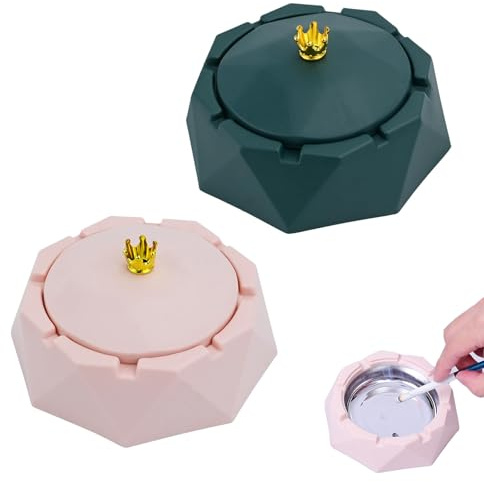 Crown Stainless Steel Ashtray with Lid 2 Pcs | Smell Proof & Windproof Design for Indoor Outdoor Use | Tabletop Ash Trays for Home Office Patio Garden (Pink, Dark Green)