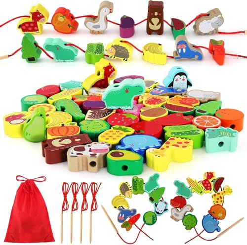 Générique Perlen-Fädelspiel, 42-teiliges Montessori Lernspiel aus Holz, für Mädchen und Jungen von 3 bis 4 bis 5 Jahren