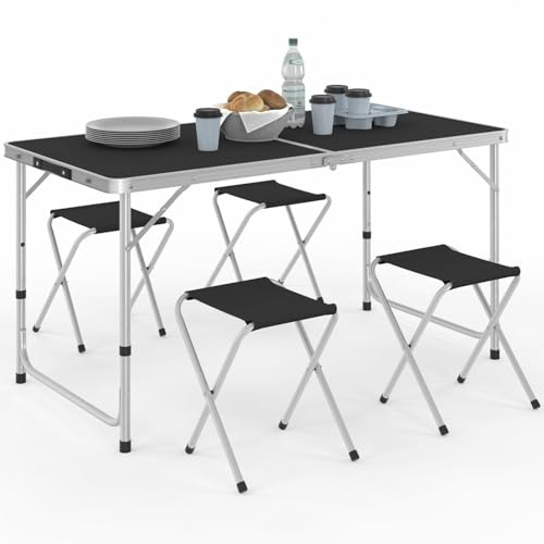 IDMarket – Mesa de camping plegable ajustable en altura 120 cm y 4 taburetes negros