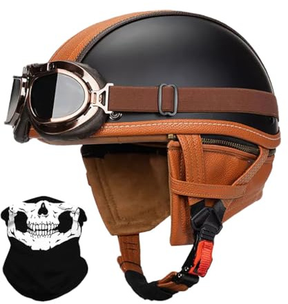 Vintage Deutsche Motorrad Halbhelme mit ECE Genehmigt, Leder Offenem Helm Jet-Helm mit Schutzbrille, Bike Cruiser Chopper Moped Scooter Roller Helm Brain-Cap für Männer Und Frauen