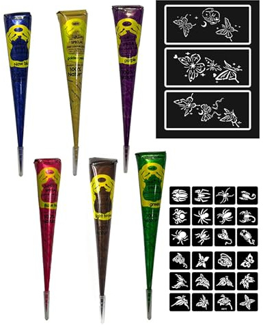 IPNSDON Naturic 6 Stück Tattoo, Temporäre Tattoo 2x Tattoo Schablone, Temporäre Mehndi Tattoos, Natürliche Kegel, Tattoo sticker, Temporäre Tätowierung(B)