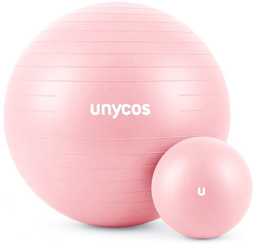 unycos - Pelota + Minipelota de Pilates, Gimnasia, Yoga, Fitness y Embarazo【55 cm / 25 cm】Fitball Antideslizante y Anti-Burst de PVC Extra Grueso, Resistencia de 300 kg, Incluye Hinchador (Rosa Claro)