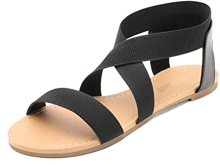 DREAM PAIRS Women's Elastic Ankle Strap Flat Sandals Summer Dressy Shoes Cute Strappy Gladiator Sandals ELATICA-6,Size 9,Black,ELATICA-6
