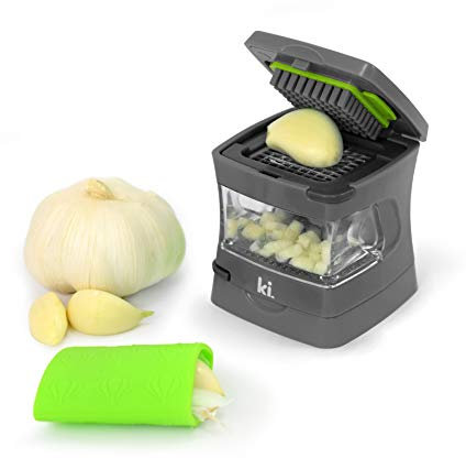 Kitchen Innovations Garlic-A-Peel Garlic Press, Crusher, Cutter, Mincer, and Storage Container - Includes Silicone Peeler - Easy to Clean - Stainless Steel Blades (Grey)