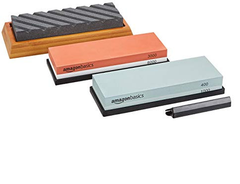Amazon Basics Kit de piedra de afilar cuchillos de doble cara, grano 400/1000 y 3000/8000, piedra aplanadora y base de bambú antideslizante, 3 Unidad, multicolor, 22,5 x 15,2 x 7,3 cm