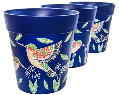 Hum Flowerpots, 22cm Set of 3, Various Patterns Colours and Sizes, Indoor/Outdoor Plastic Plant Pots, Blue Hummingbird