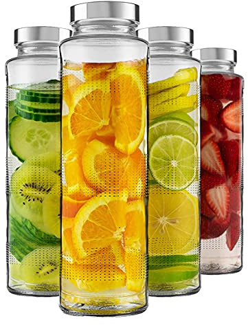 Brezzycloud Glass Food Grade Airtight Water Bottle with Leak-Proof Stainless Steel Lid - Water, Smoothie, Juicer and Beverage Glasses - 750ml (Set Of 4)