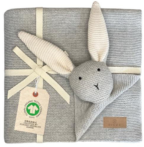 DIKOS Original 2-in-1 Babydecke & Kuscheltuch SCHMUSE-Hase (grau) – schönes Geschenk zur Geburt für Neugeborene Mädchen/Junge – aus weicher Bio-Baumwolle (GOTS) – ideal als erstes Baby Kuscheltier