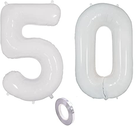Weiß Luftballons Zahl 50. Geburtstag deko frau mann,Zahlen Ballon 50 Geburtstag deko, 40 Zoll Heliumballon 50 jahre Geburtstagsdeko frauen männer Aufblasbar Helium Folienballon 50 Weiß（50）