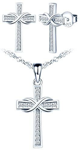 INFINIONLY Fashion Damen Mädchen Kreuz Ketten Ohrring Kreative Collier mit Kette 925 Silber Schmuck-Sets Kreuz-Unendlichkeits Symbol Halskette mit Anhänger und Ohrstecker mit Zirkon, Silber