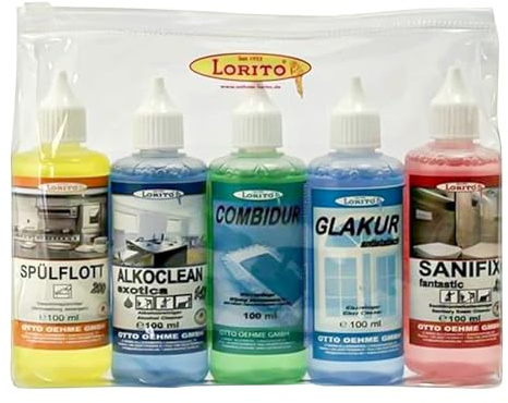 Lorito Reiniger Set für Ferienwohnungen 5 x 100ml | 1 x Spülmittel, 1 x Universalreiniger, 1 x Boden Wischpflege, 1 x Glasreiniger, 1 x Sanitärreiniger, kraftvolle Putzmittel