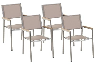 Beliani Gartenstuhl mit Armlehnen 4er Set Edelstahl Stoffbezug beige stapelbar Grosseto