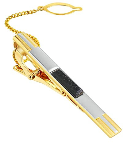 Aotiwe Krawattennadel Edel, Krawattennadeln für Herren Schwarzer Stein Mit Kette Gold Rostfreier Stahl