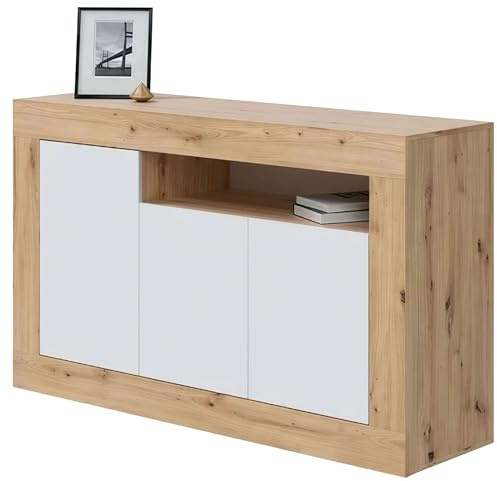 Habitdesign Aparador 3 Puertas, Buffet para Salon, Armario Auxiliar, Modelo Baltik, Acabado en Color Blanco Artik y Roble Nodi, Medidas: 144 cm (Ancho) x 87 cm (Alto) x 42 cm (Fondo)