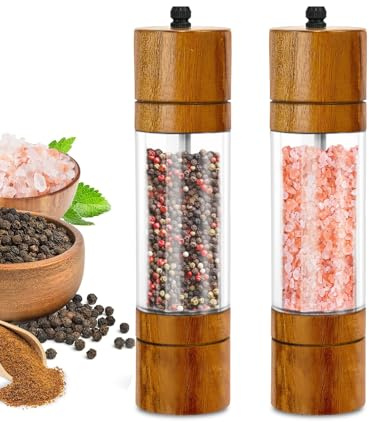 New Updated Wooden Pepper Mil Shaker,Salt and Pepper Grinder Set of 2.Haomacro Modern Oak Wood Sat Mill Pepper Grinder Set Refillable with Adjustable Ceramic Rotor