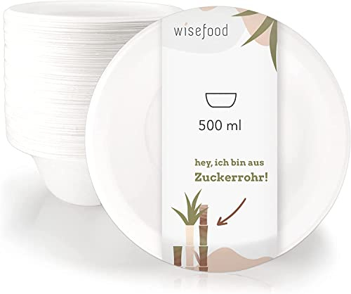 wisefood Zuckerrohr Schale - 200 Stück Bagasse Einweg Suppenschüssel rund weiß 500ml - Einmal Pappschale ideal für Pommes oder Salat - Bio Zuckerrohr Geschirr ohne PLA/PE