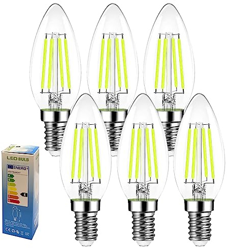 Golopatop C35 E14 LED Filament Candle Light Bulbs, 4W 6500k Cool White E14 LED Light Bulb Daylight C35 SES Small Edison Screw Bulbs, 40W Equivalent, Non Dimmable,Pack of 6