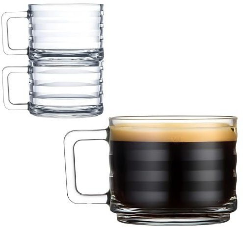 Stackable Coffee Cup Set, Fully Tempered Coffee Mug, Tea Cup Set, Ribbed Glassware, Vintage Glass Coffee Mugs, Turkish Coffee Cup Set, Cappuccino Cup, Housewarming Gift (250cc/8.5oz) (Set of 2)