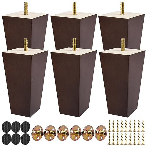 TCHOSUZ 6 Inch / 15 cm Wooden Furniture Legs, Set of 6 Solid Wood Mid-Century Modern Pyramid Replacement Feets with 5/16 inch Bolt & Rubber Floor Protectors for DIY Ottoman TV Stand Walnut