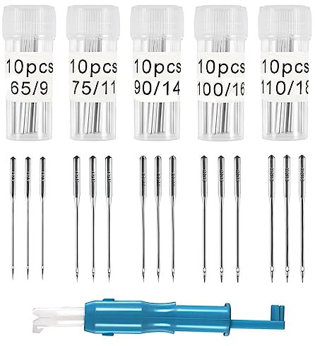 50 Agujas para Máquina de Coser 65/9 75/11 90/14 100/16 110/18 Agujas de Coser para Máquina de Coser Universal con Enhebrador de Agujas para Máquina de Coser Doméstica - Diferentes Tejidos