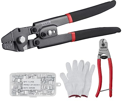 VEVOR Pince à Sertir 0,1-2,2 mm Outil de Sertissage Cosse Câble Métallique 4 Tailles de Mâchoires avec Coupe-câble 160 Manchons Aluminium Revêtement Téflon Antirouille Kit Sertisseuse pour Sertissage