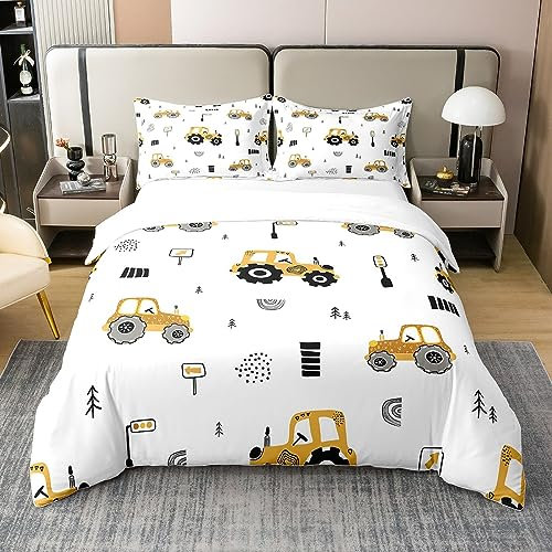 100% Baumwolle Cartoon Cars Bettbezug 155x220,Traktor LKW Bettwäsche Set,Baufahrzeug Hand Gezeichnet Regenbogen Tröster Abdeckung,Gelb Weiß Zahnrad Bett Sets mit 1 Kissenbezugn