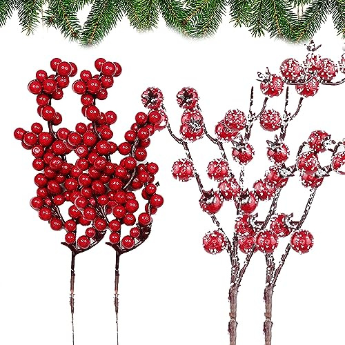 20 Stück Künstliche Holly Berry,Schnee Gefrostet Gefälschte Beerenzweige,Rote Beeren Stiele,Holly Beeren Zweige, Stechpalmenbeeren Blumenarrangement für Weihnachtsbaum Handwerk Winter Home Decoration