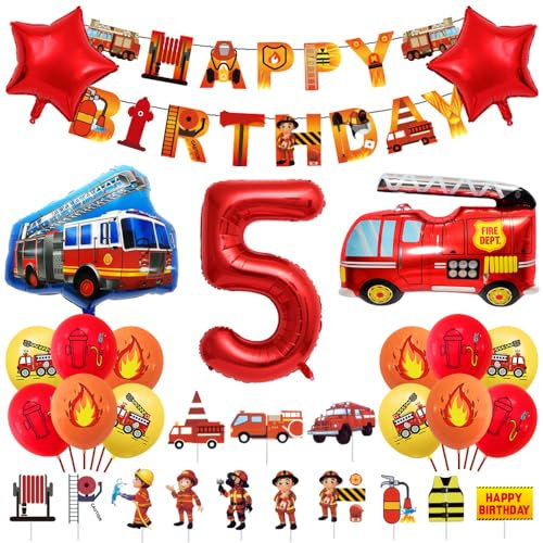 Geburtstagsdeko 5 Jahre Junge Feuerwehr Geburtstag Deko Feuerwehrwagen Folienballon Deko Kindergeburtstag Feuerwehrauto Luftballons Kuchendeko für Babyshower Jungen Party Dekoration