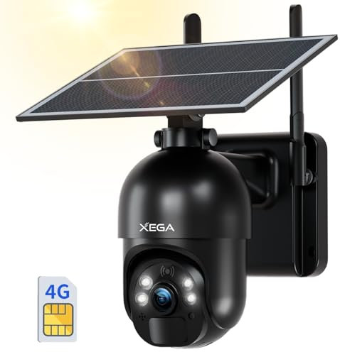 Xega 3G/4G LTE Telecamera Solare Esterno con SIM Scheda 2K HD 355°/95° PTZ Telecamere Senza Fili con Pannello Solare Batterie Visione Notturna Rilevamento del Movimento Audio Bidirezionale Rotazione