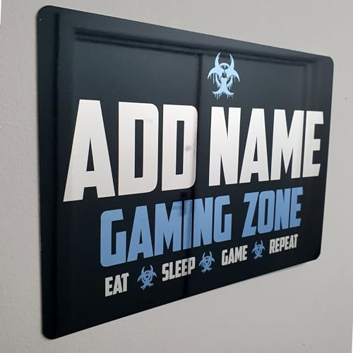 ShopQuality4U Personalised Game Metal Mirror Gamer Sign - Customised Printed Wall Art Plaque A4 Gaming Zone Caution Blue