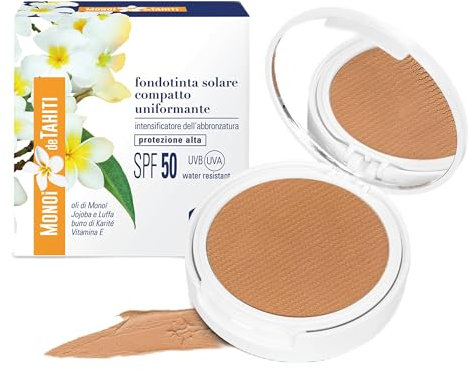 Helan Monoï de Tahiti - Fondotinta Compatto Intensifica Abbronzatura, Fondotinta Coprente con Protezione Solare 50+ Viso con Vitamina E Burro di Karitè Olio di Jojoba, Skincare Make Up Viso 2in1, 8 ml