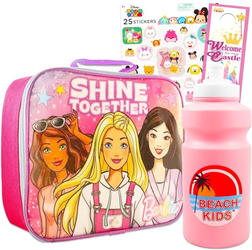 Disney Juego de lonchera Barbie para niñas, paquete con lonchera Barbie, calcomanías, botella de agua, más | Fiambrera Barbie para niñas y niños